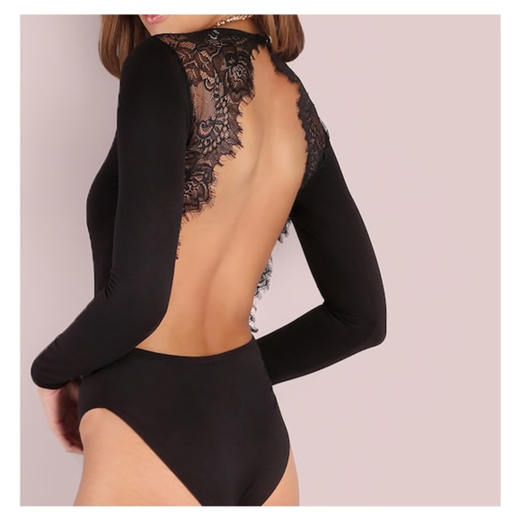 MBM Unlimited Tops - Black Long Sleeve Backless Lace Details Bodysuit